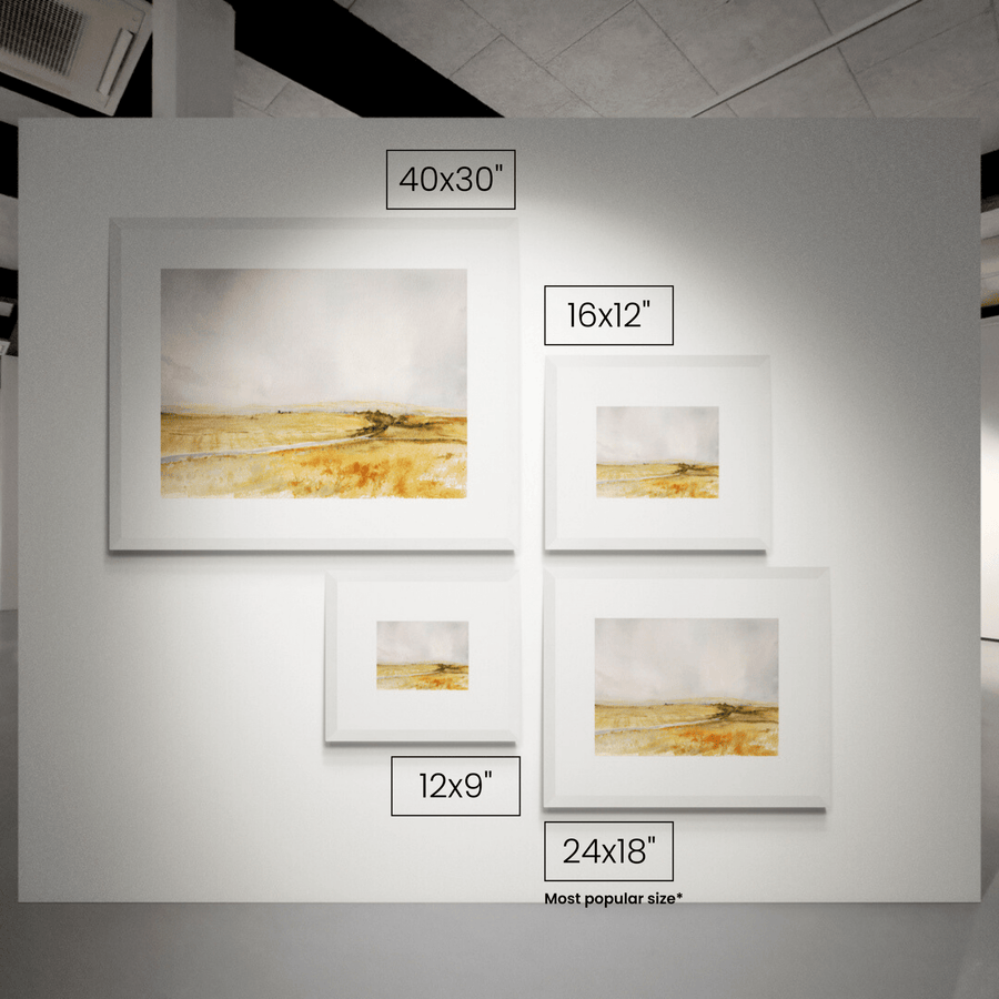 Golden Fields shown at each available size on a wall