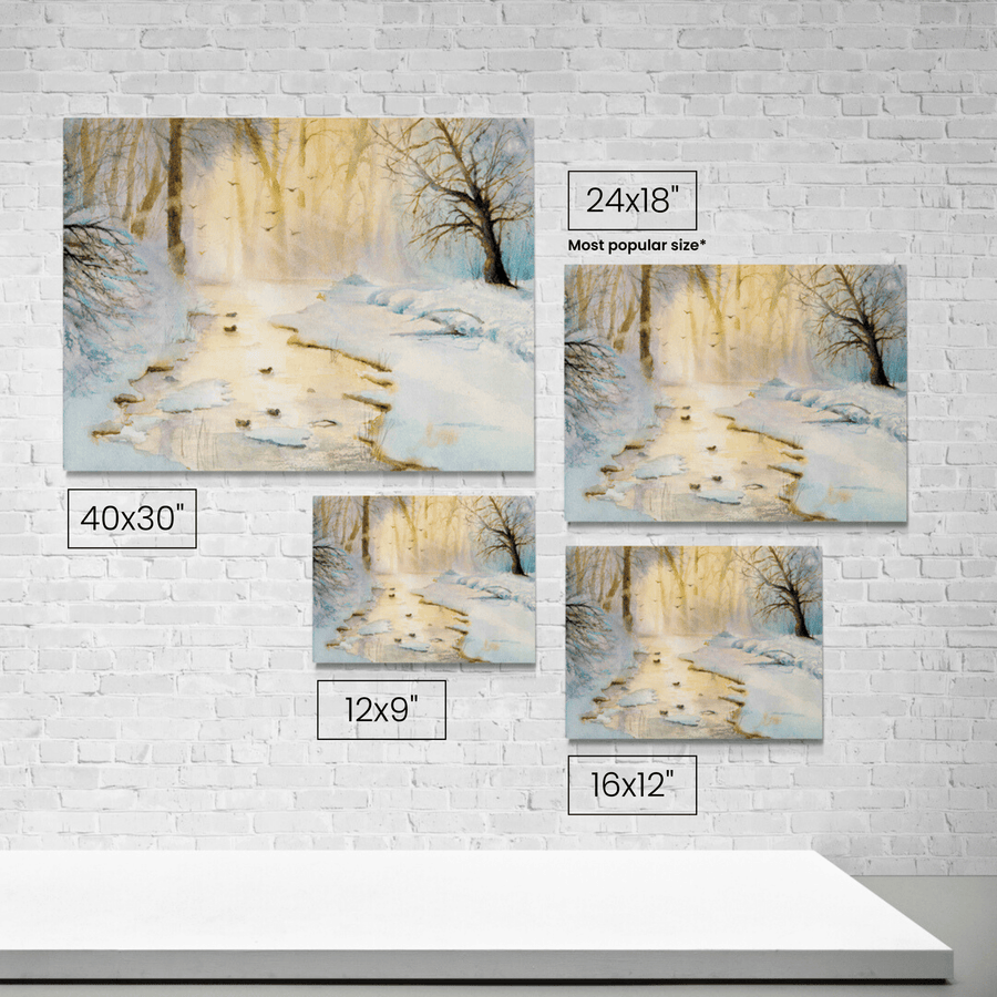Hushed Dawn shown at each available size on a wall