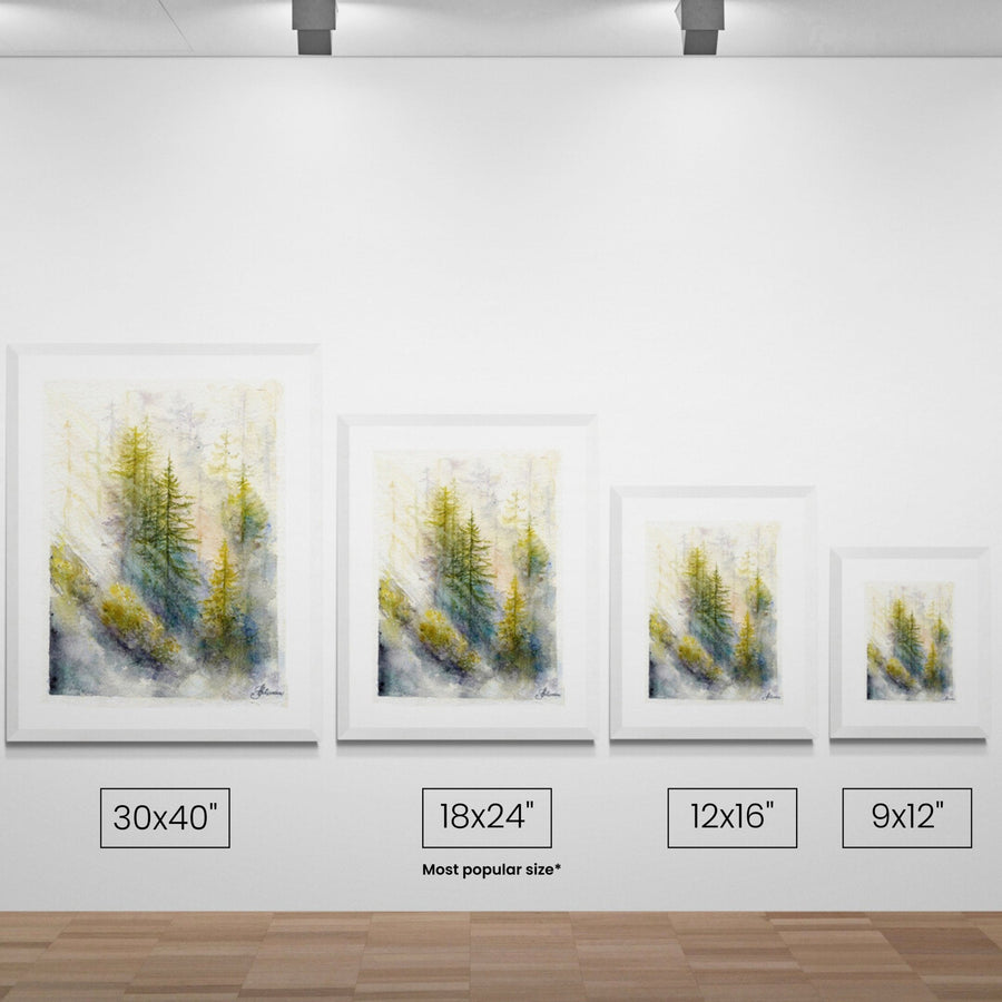Misty Morning Glow shown at each available size on a wall