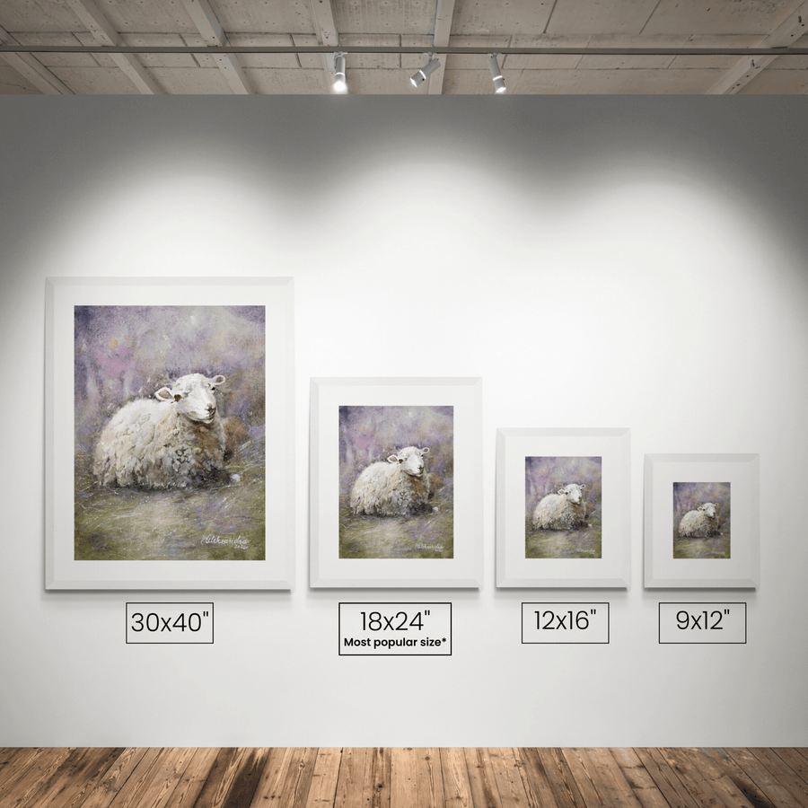 The Good Sheppard shown at each available size on a wall